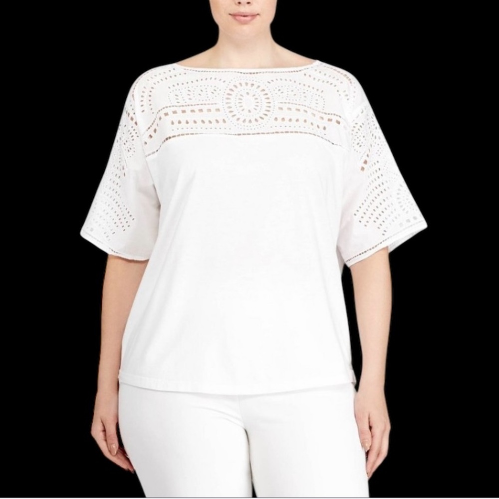 RALPH LAUREN Cotton Modal Jersey Knit Embroidered Eyelet Top  2X